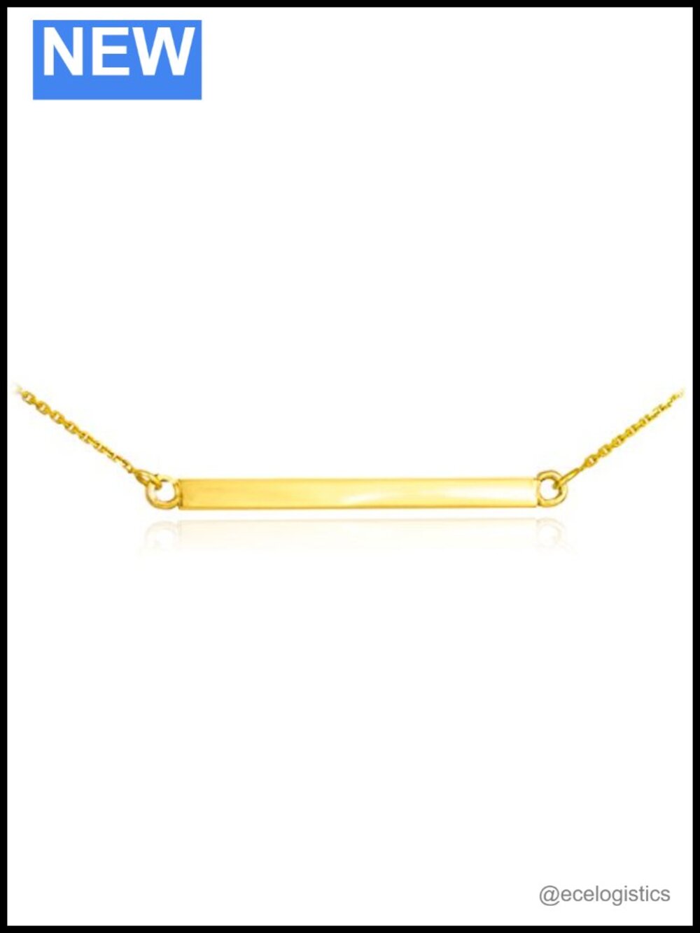 14K Yellow Gold Horizontal Bar Pendant Necklace Rolo Chain 16"